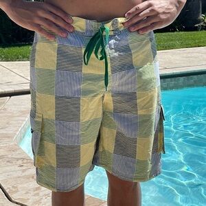 NWT Club Room M-2XL Men’s Swim Trunks Yellow Blue Green Stripe Plaid MT06